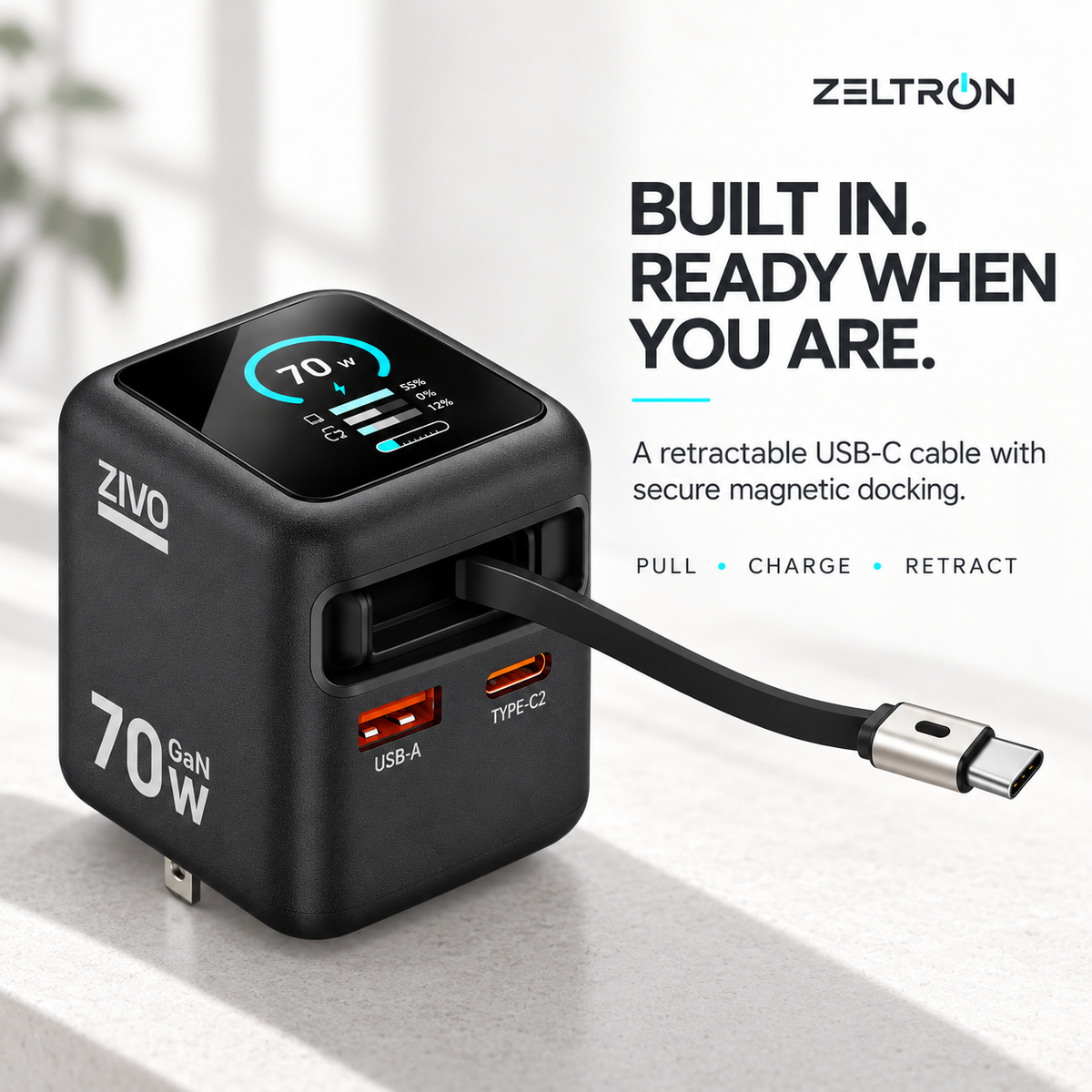 ZiVO 70W 3 Ports GaN Smart Display Charger with Built-in Retractable Cable