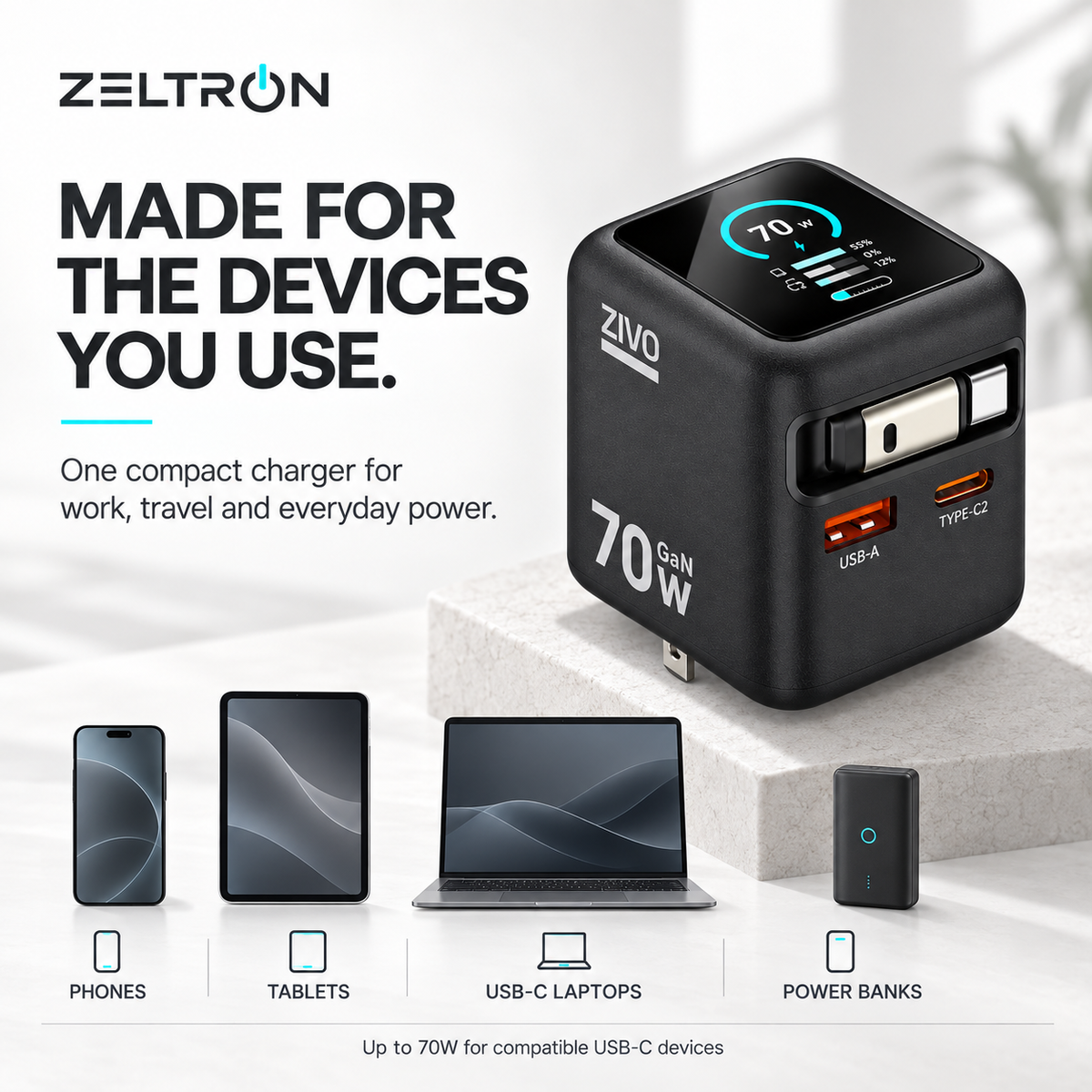ZiVO 70W 3 Ports GaN Smart Display Charger with Built-in Retractable Cable