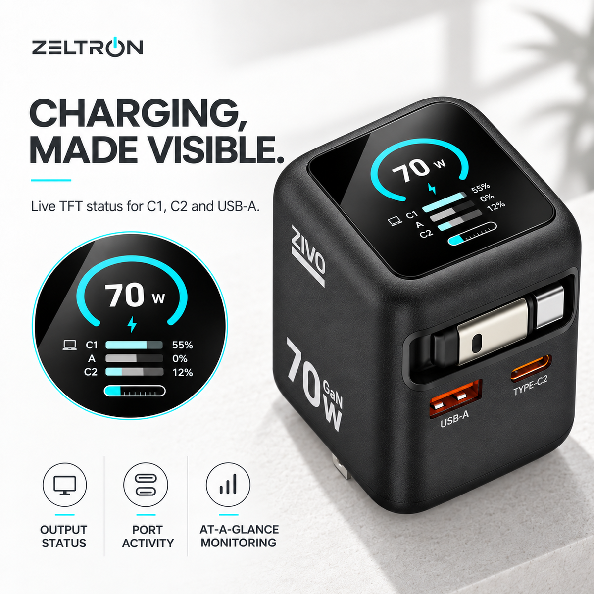 ZiVO 70W 3 Ports GaN Smart Display Charger with Built-in Retractable Cable
