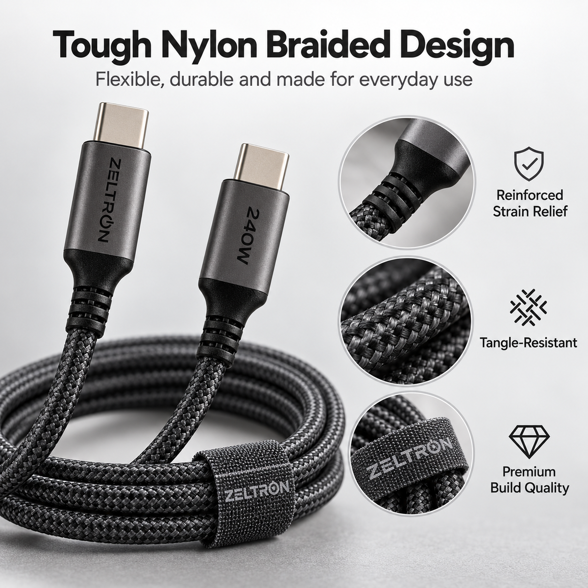 Z-Pulse 240W USB-C to USB-C PD Nylon Braided Cable with E-Marker Chip