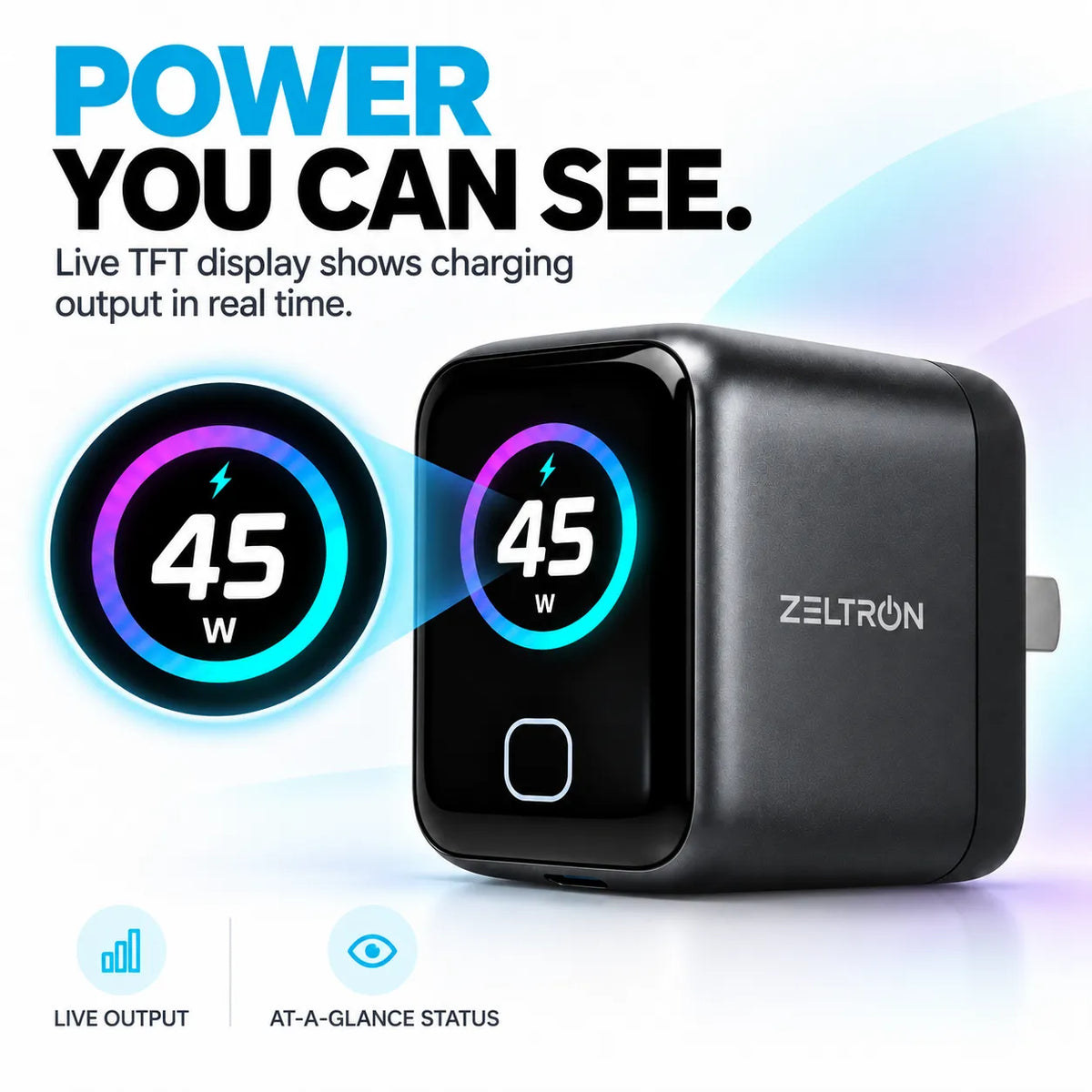 A black Zeltron power adapter with a built-in display showing 45W charging output, presented on a white background with promotional text and feature icons.