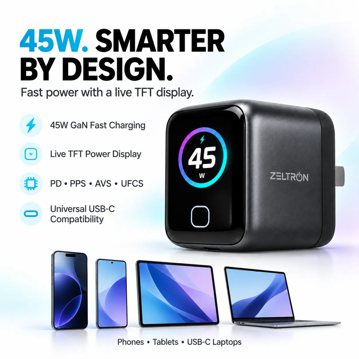 ZELTRON 45W smart USB-C power adapter shown on a clean light background with marketing text and compatibility icons. The black rectangular adapter has a front display showing 45W and is pictured beside phones, tablets, and a laptop.