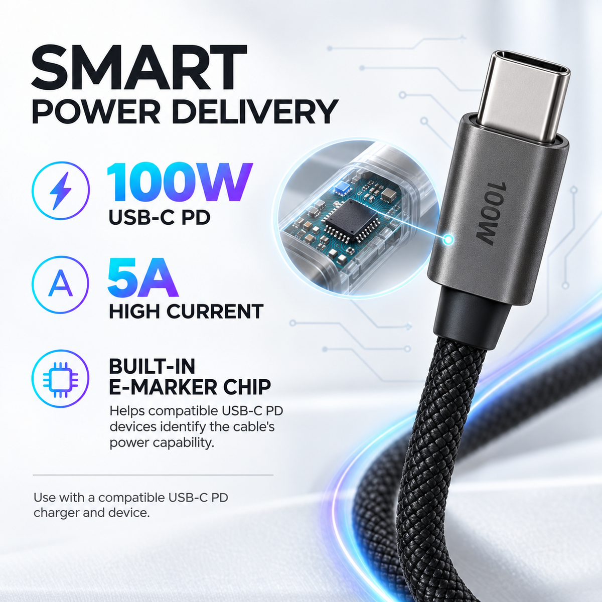Z-Pulse 100W USB-C to USB-C PD Flex Mesh Cable with E-Marker Chip