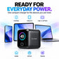A black ZELTRON compact power bank shown in the center with a digital display reading 45W, surrounded by phones, tablets, and laptops on a white background with promotional text and icons for home, office, and travel use.
