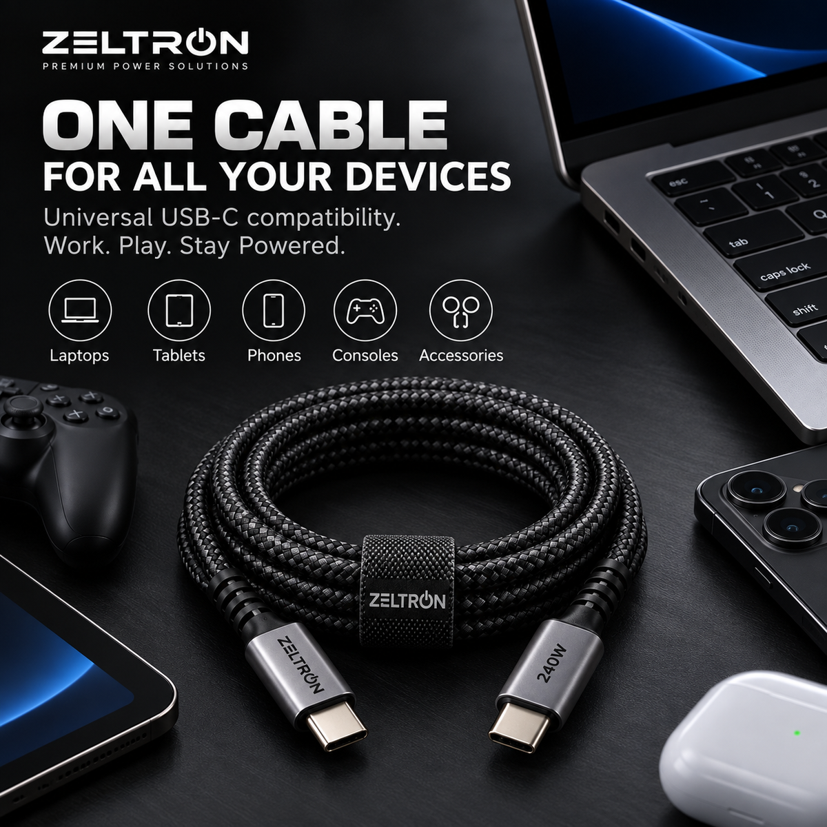 Z-Pulse 240W USB-C to USB-C PD Nylon Braided Cable with E-Marker Chip