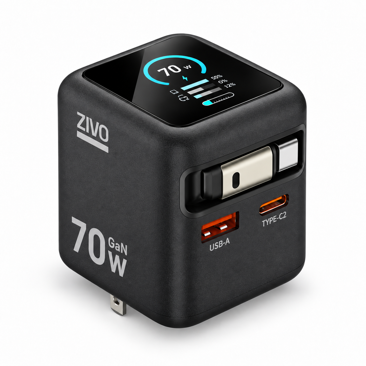ZiVO 70W 3 Ports GaN Smart Display Charger with Built-in Retractable Cable