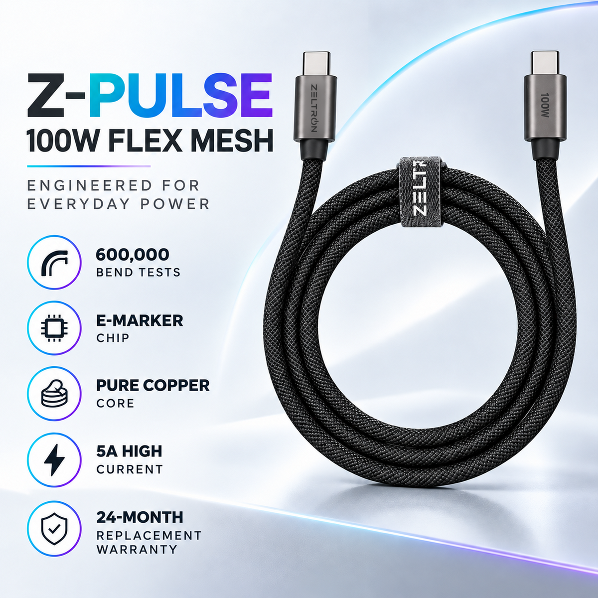 Z-Pulse 100W USB-C to USB-C PD Flex Mesh Cable with E-Marker Chip
