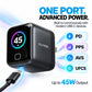 A Zeltron USB-C power adapter with a black cube-shaped body and a display showing 45W output, shown with a USB-C cable plugged in. The image includes marketing text and feature callouts for PD, PPS, AVS, and UFCS on a white background with blue light effects.