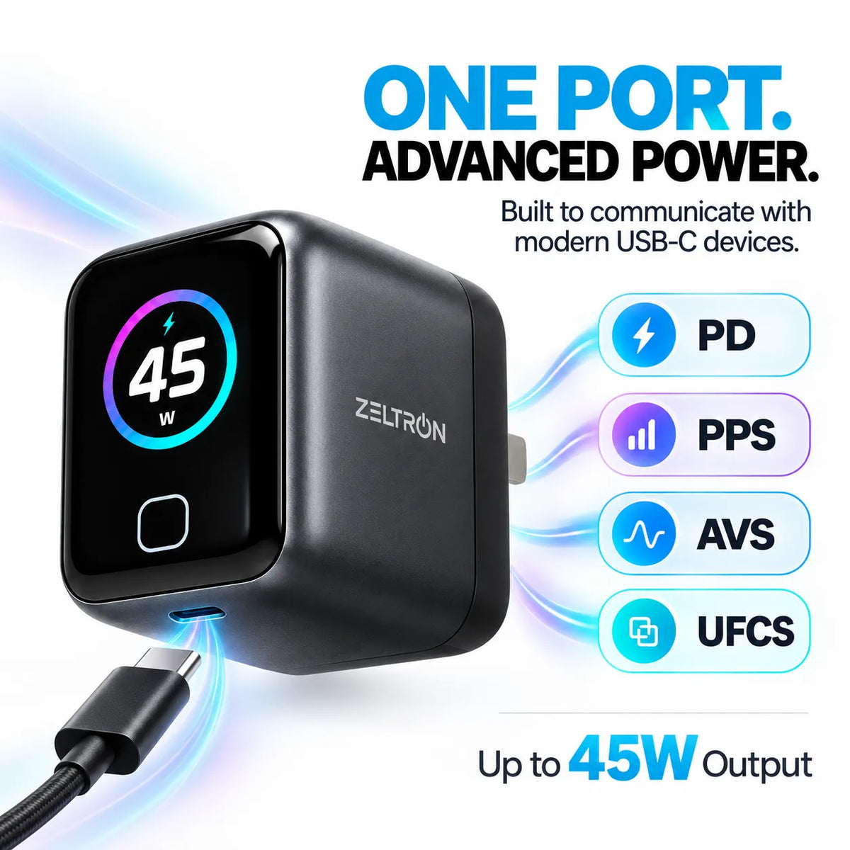 A Zeltron USB-C power adapter with a black cube-shaped body and a display showing 45W output, shown with a USB-C cable plugged in. The image includes marketing text and feature callouts for PD, PPS, AVS, and UFCS on a white background with blue light effects.