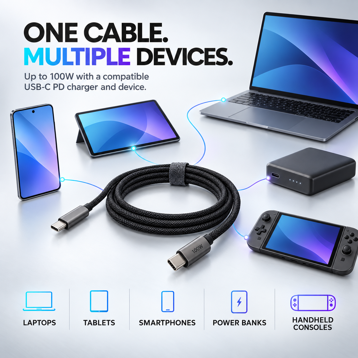 Z-Pulse 100W USB-C to USB-C PD Flex Mesh Cable with E-Marker Chip