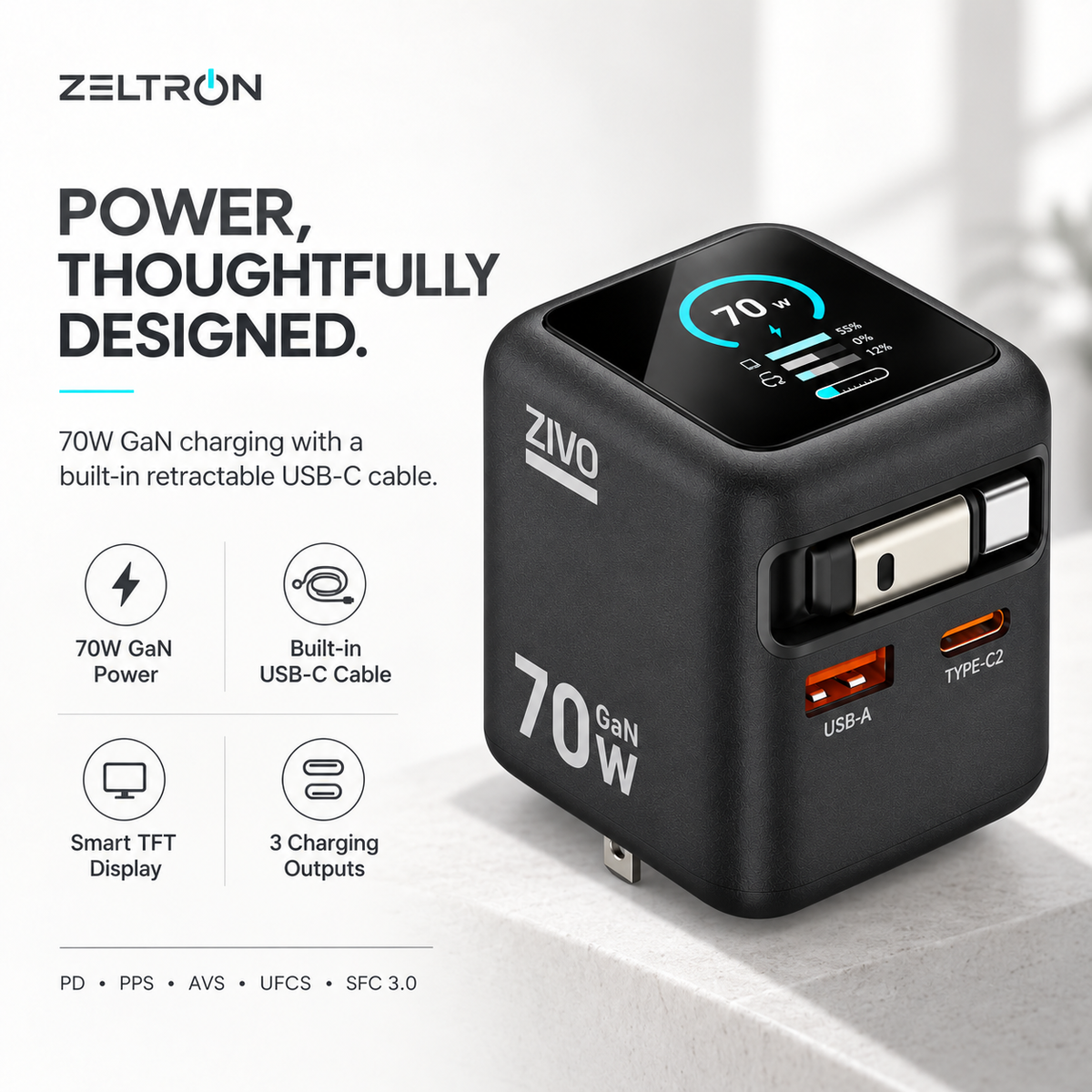 ZiVO 70W 3 Ports GaN Smart Display Charger with Built-in Retractable Cable